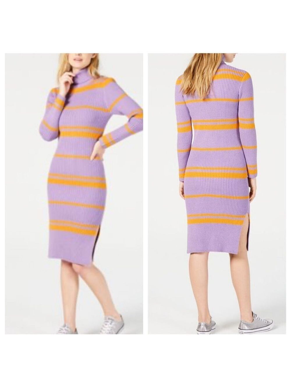 Moon River Julissa Lavender Stripe Turtleneck Sweater Side Slit Midi Dress NWT - Picture 2 of 11